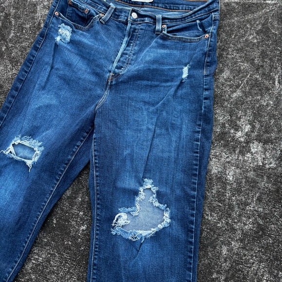 Levi's Dark Blue Distressed Straight Leg Jeans - Picture 2 of 8